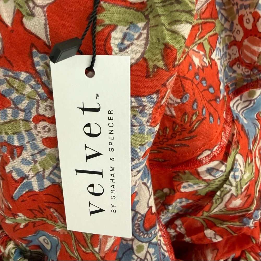 ❤️ Velvet by Graham & Spencer One Shoulder Boho Floral Blouse Red Cotton Top XS - Picture 8 of 11